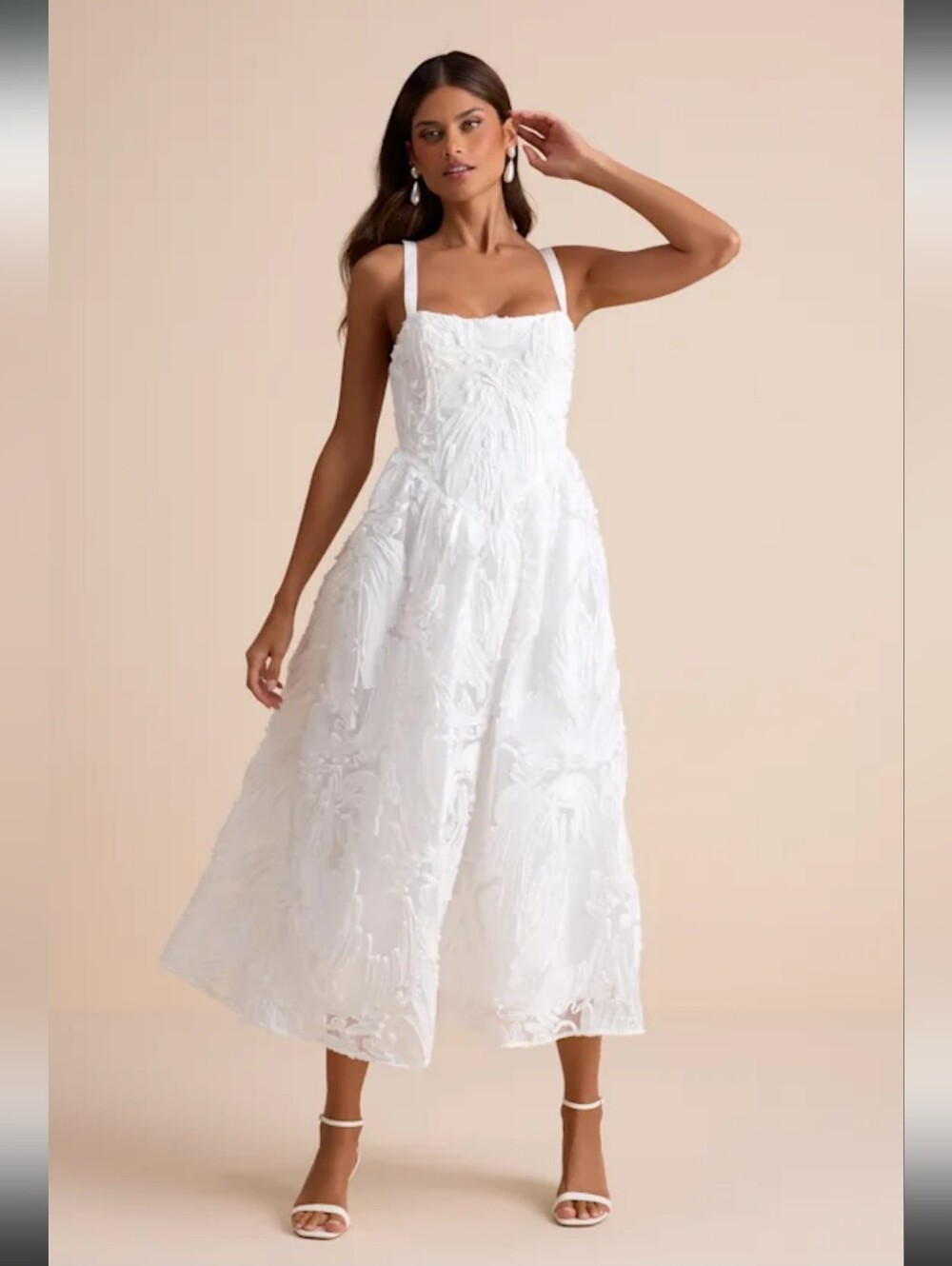 Lulus Perkins White Textured Lace-Up Corset Midi Dress